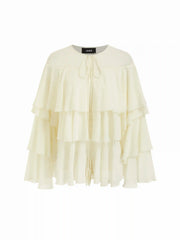 Chiffon Round Neckline Fringe Ruffled Tie Front Oversized Blouse