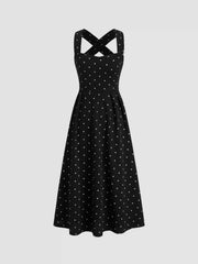 Square Neck Polka Dot Ruffle Criss Cross Maxi Dress