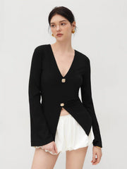 Cotton-blend V-neck Split Long Sleeve Top