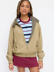 Reversible Cotton-blend Stand Collar Houndstooth Oversized Bomber Jacket