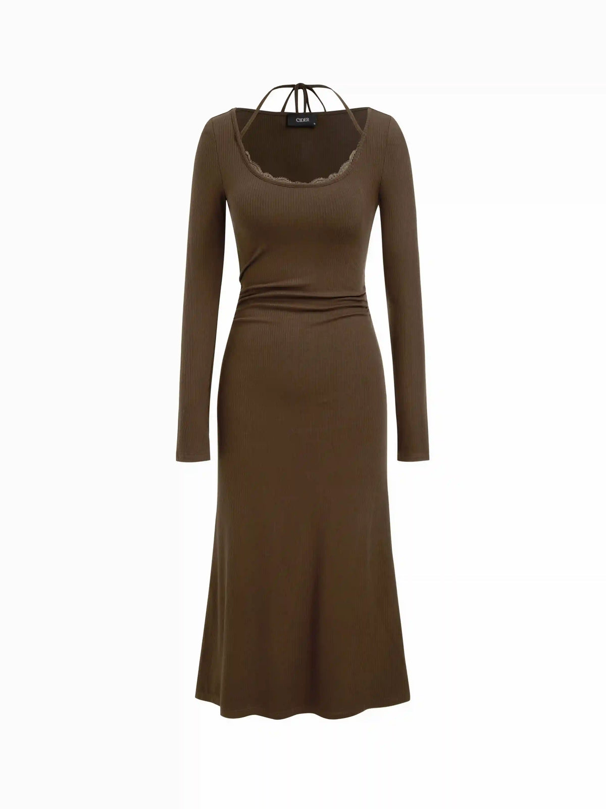 Halter Neckline Long Sleeve Lace Trim Ruched Midi Mermaid Dress