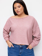 Cotton-blend Asymmetrical Neck Striped Oversized Sweatshirt Curve & Plus