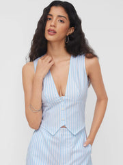 Cotton-blend V-neck Stripe Wide Leg Jumpsuit