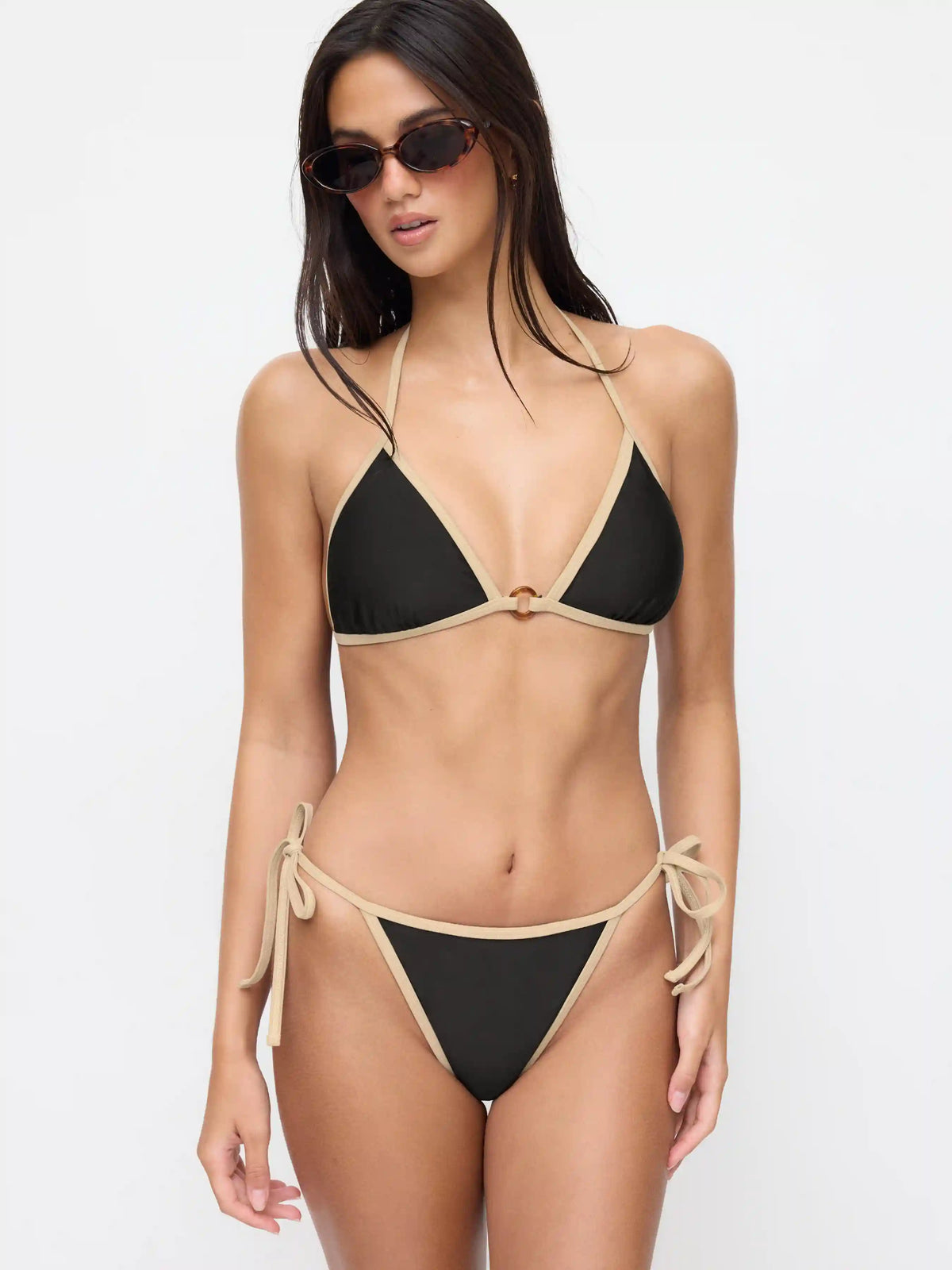 V-neck Contrasting Binding O-ring Halter Tie Side Bikini Set