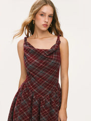 Cowl Neck Tartan Plaid Twist A-line Midi Cami Dress