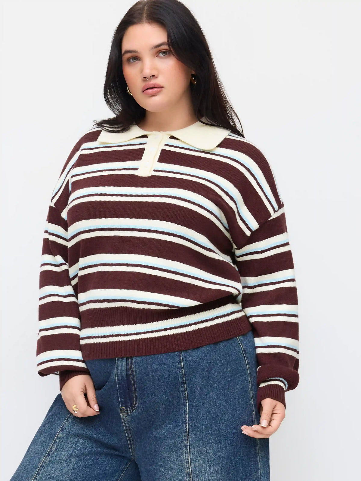 Knit Polo Stripd Lantern Sleeve Top Curve & Plus