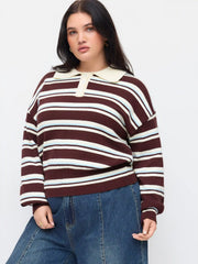Knit Polo Stripd Lantern Sleeve Top Curve & Plus