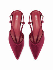 VELVET POINTED TOE SLINGBACK CHUNKY HEELS