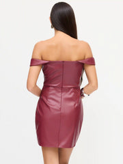 Faux Leather Off-shoulder Wrap Ruched Mini Dress