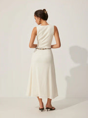 Textured V-neck Sleeveless A-line Maxi Dress With Beaded Belt