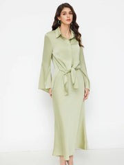 Satin Collar Knotted Flare Sleeve Top & Solid Maxi Skirt Set
