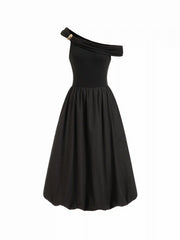 Cotton-blend Asymmetrical Neck Metal Button Bubble Hem Maxi Dress