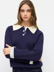 Knit Collar Two Tone Button Long Sleeve Top