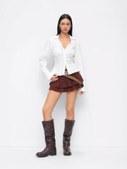 Cotton-blend V-neck Long Sleeve Lettuce Trim Bowknot Blouse