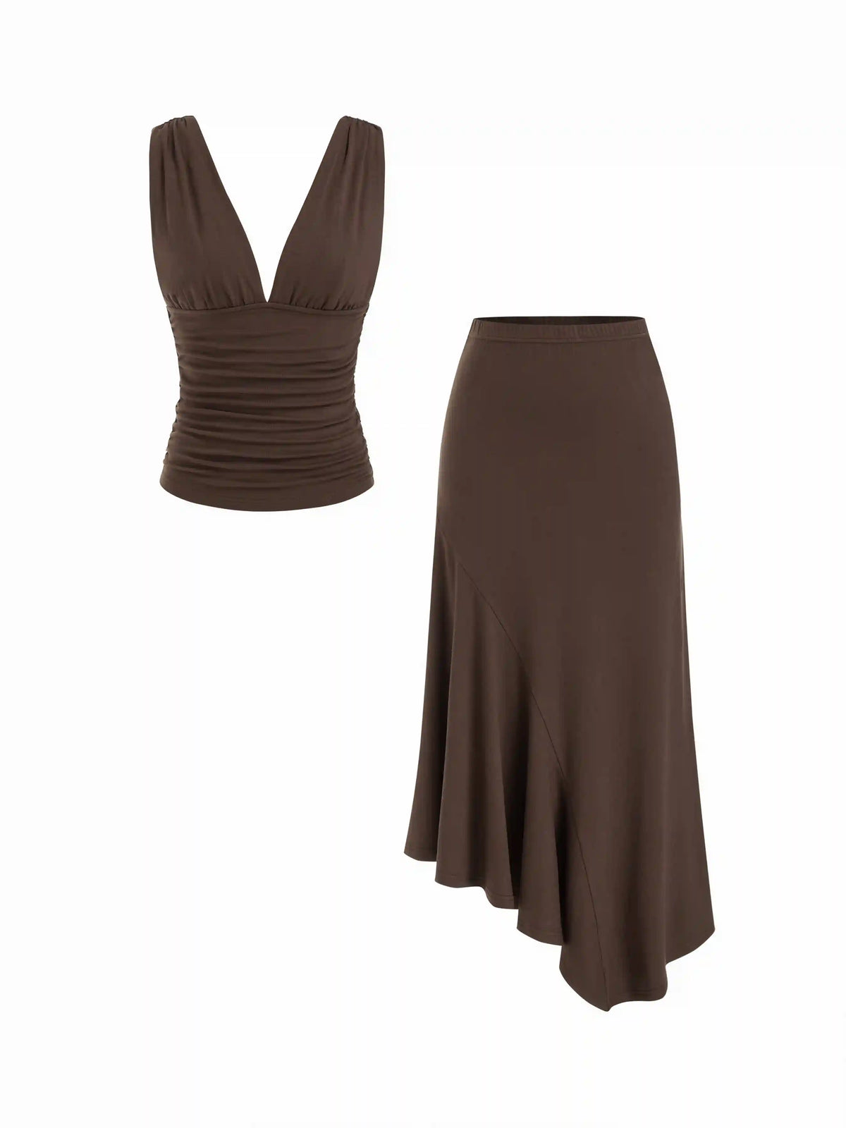 V-neck Ruched Backless Tank Top & Asymmetrical Hem Maxi Skirt Set
