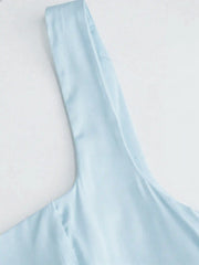 Satin Square Neck Solid Ruffle Knotted Mini Dress
