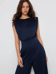 High Stretch Mid Rise Ruched Wide Leg Jumpsuit