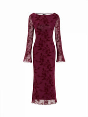 Velvet Boat Neck Floral Lace Backless Tie Back Maxi Dress