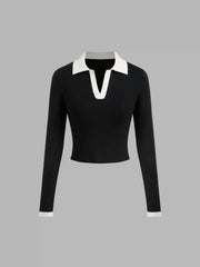 Knit Polo Contrasting Binding Crop Top