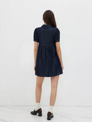 Denim Peter Pan Collar Button Puff Sleeve Mini Babydoll Dress