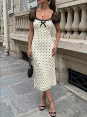 Satin Polka Dot Square Neck Puff Sleeve Bowknot A-line Maxi Dress