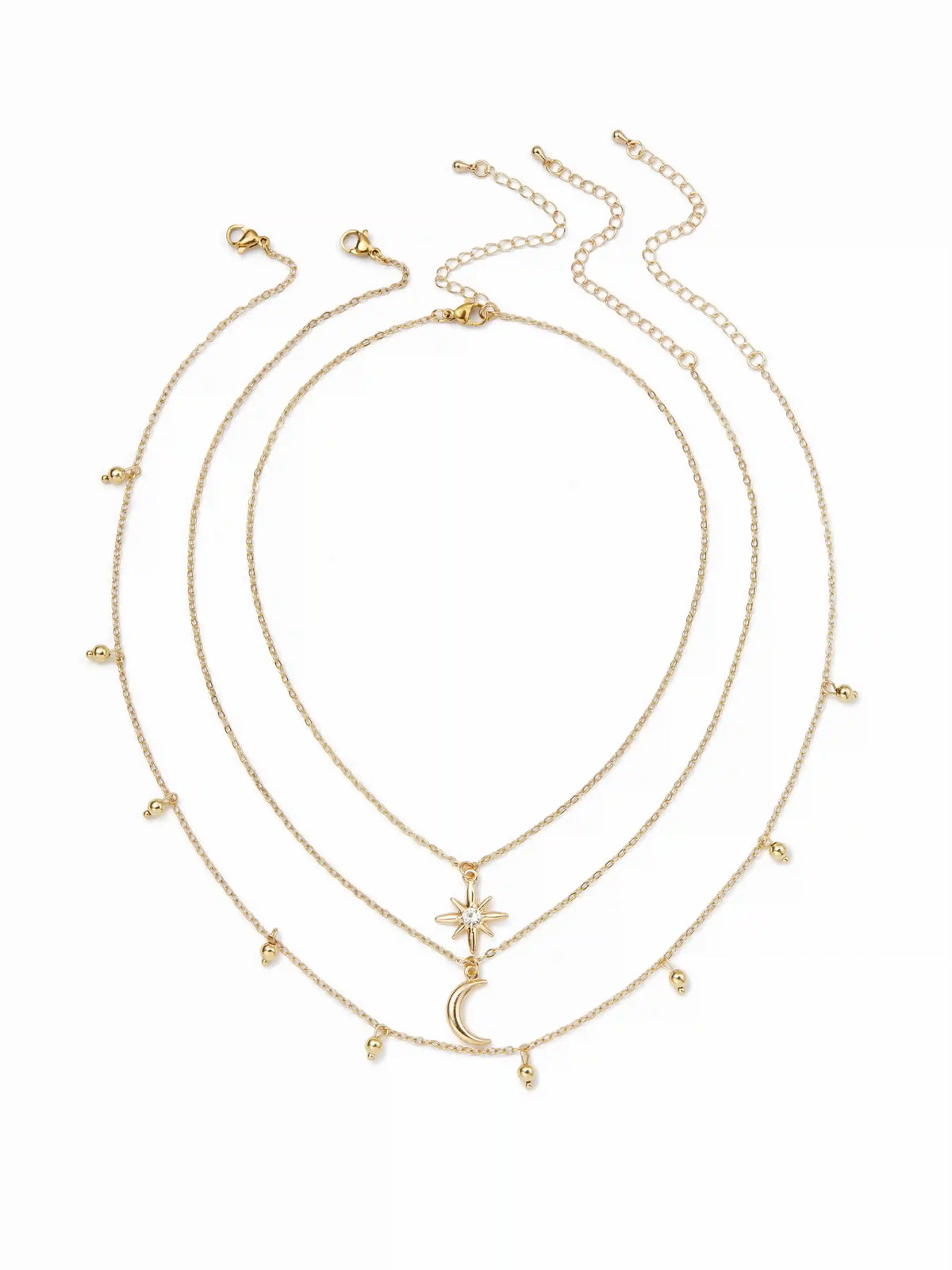 3 PCS STAR & MOON PENDANT RHINESTONE DECOR LAYERED NECKLACES SET