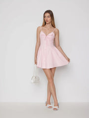 Textured Cotton V-neck Knotted Flared Mini Dress