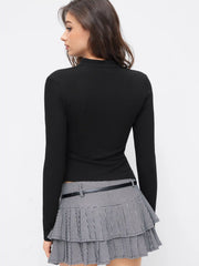 Mandarin High Neck Asymmetrical Metal Detail Ruched Top