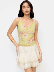Satin Mid Rise Layered Lace Trim Mini Skirt