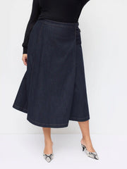 Stretch Denim Mid Rise A-line Belted Maxi Skirt Curve & Plus