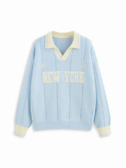 New York Knit Colorblock Polo Neck Long Sleeve Oversized Top