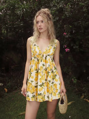 Cotton-blend Lemon Graphic V-neck Bowknot Babydoll Mini Dress