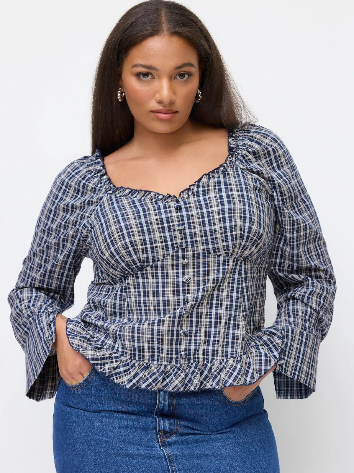 Cotton-blend Sweetheart Neckline Plaid Blouse Curve & Plus