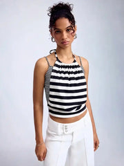 Cotton-blend Striped Halter Neck Cami Top