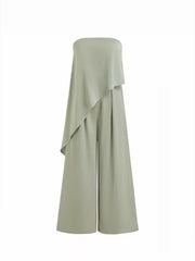 Satin Strapless Asymmetrical Mid Rise Oversized Wide Leg Jumpsuit