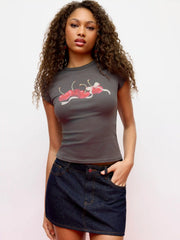 Cotton-blend Cherry Graphic Round Neckline Short Sleeve Top