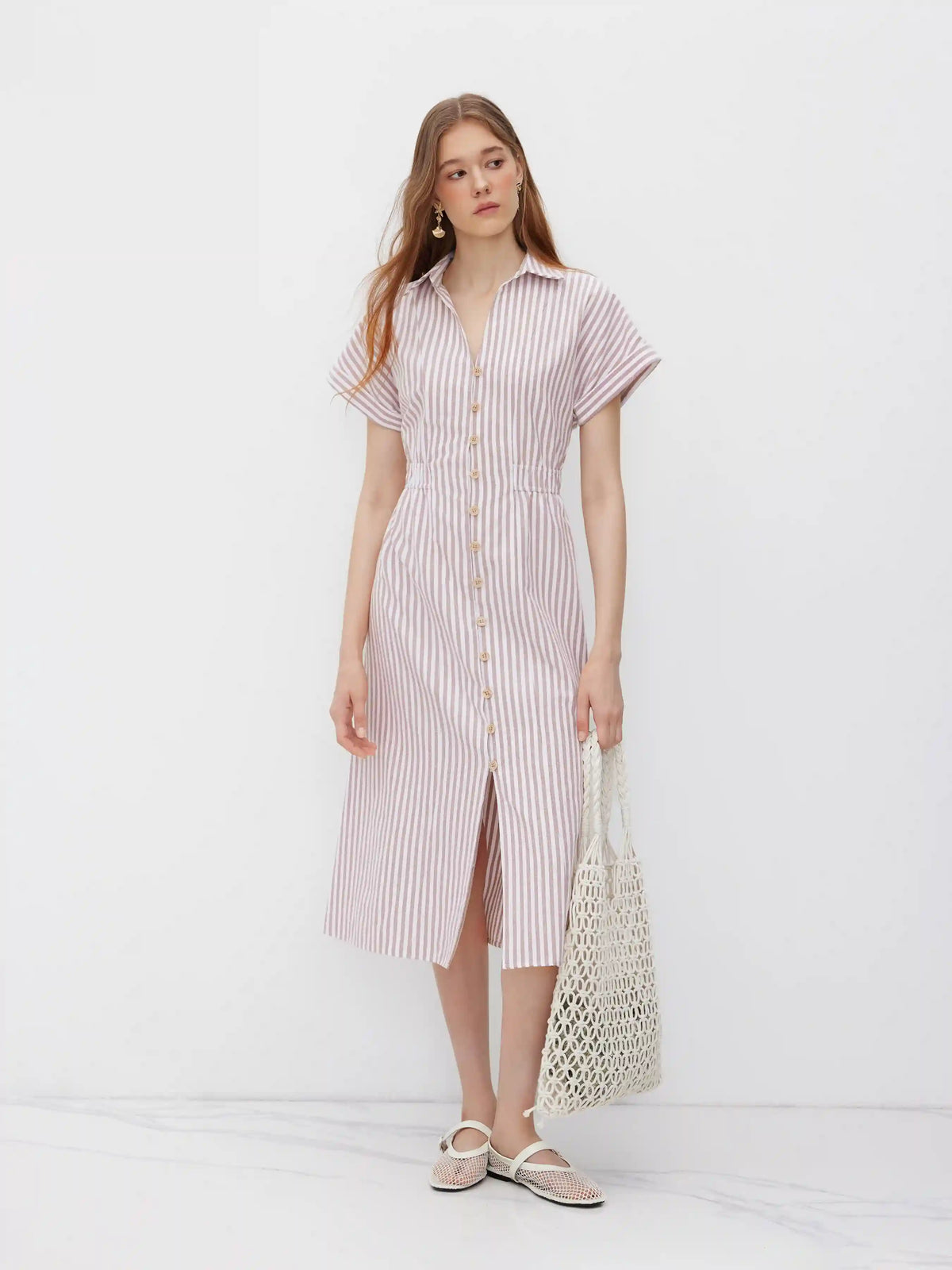 Cotton-blend V-neck Stripe Button Through Elastic Waist Shirt Midi Dress