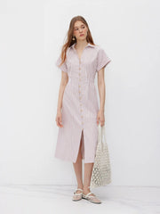 Cotton-blend V-neck Stripe Button Through Elastic Waist Shirt Midi Dress