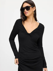 V-neck Long Sleeve Ruched Maxi Dress