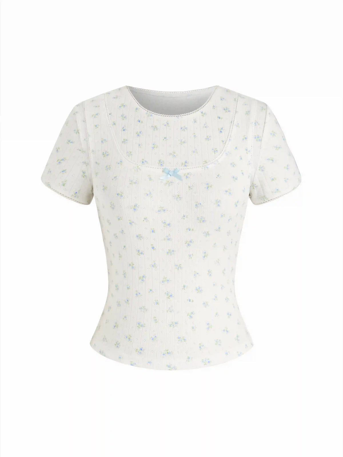 Cotton-blend Textured Ditsy Flora Bowknot Short Sleeve Top