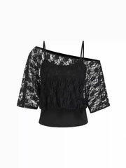 Jersey Asymmetrical Neck Floral Lace Poncho Top