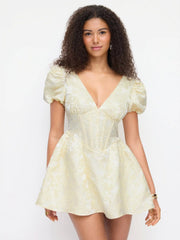 Jacquard Sculptural V-neck Puff Sleeve Corset Flared Mini Dress