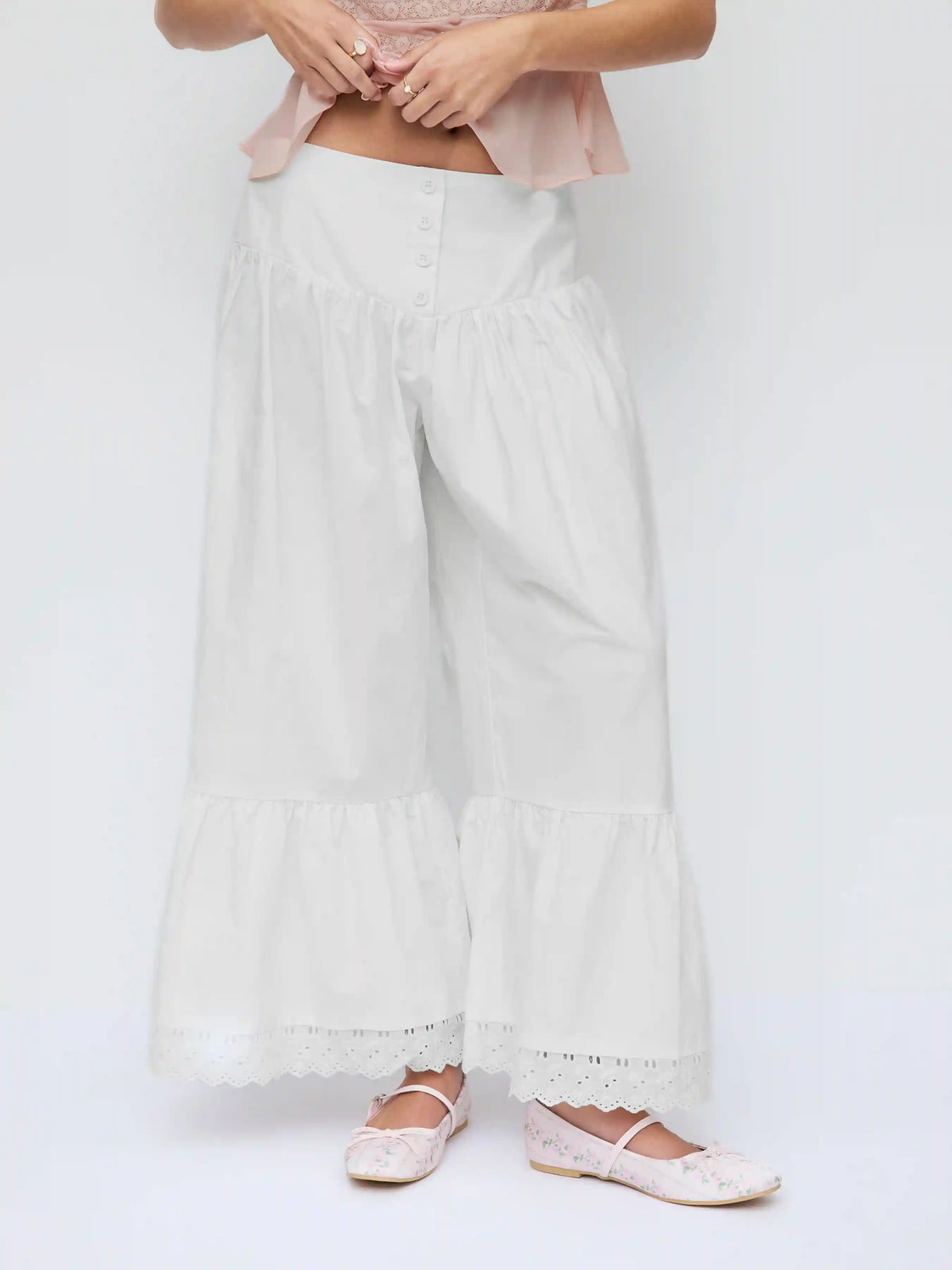 Cotton-blend Mid Rise Lace Trim Ruffle Wide Leg Trousers