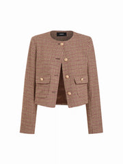 Tweed Houndstooth Round Neckline Long Sleeve Jacket