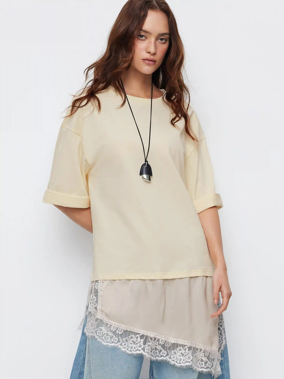 Oversized Lace Panel Short Sleeve Tee
