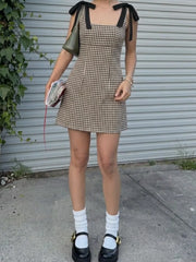 Cotton-blend Square Neck Bowknot Gingham A-line Mini Dress