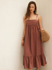 Oversized Ruched Beaded Strap Detail Milkmaid Maxi Dress