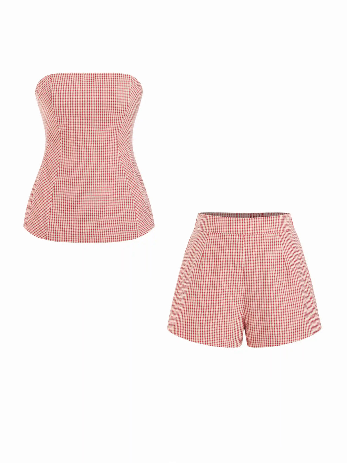 Cotton-blend Gingham Knotted Strapless Top & Mid Rise Pleated Shorts Set