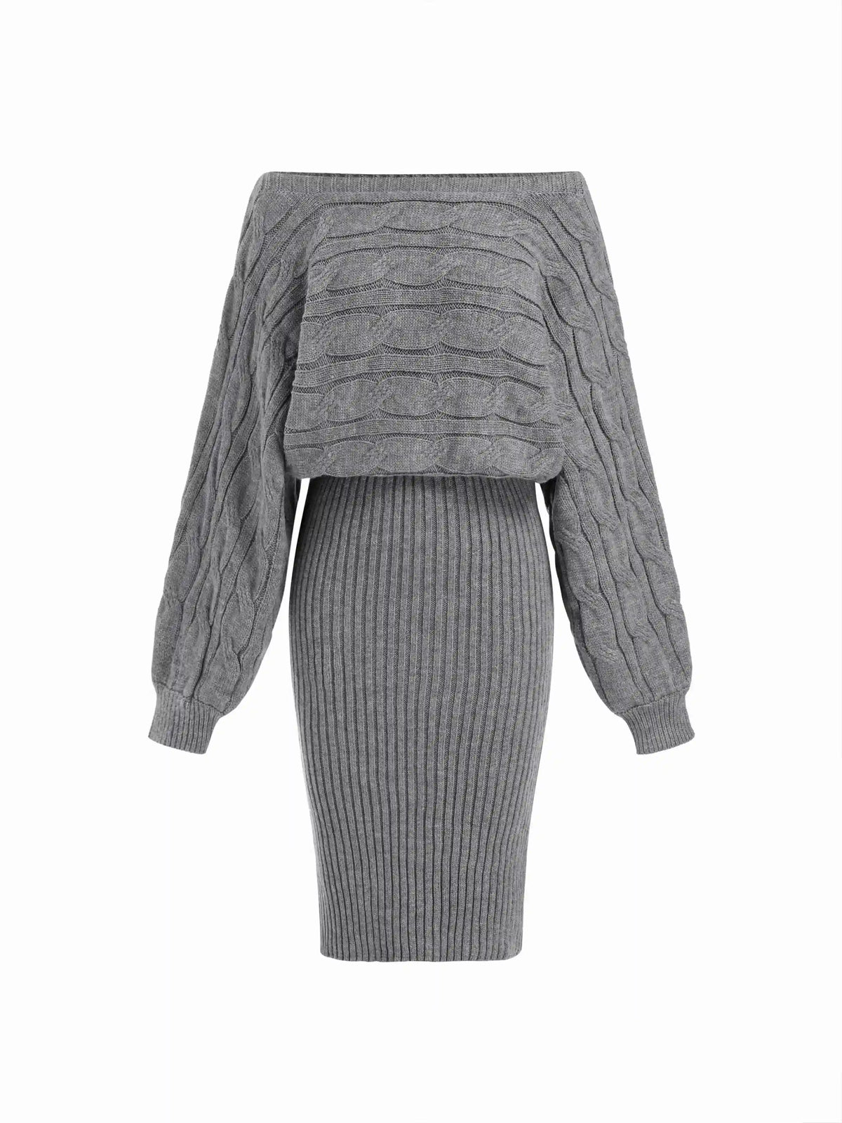 Cable Knit Off-shoulder Batwing Sleeve Split Midi Pencil Dress