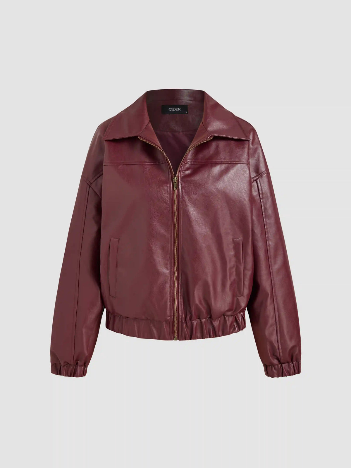 Faux Leather Collar Solid Pocket Zipper Bomber Jacket